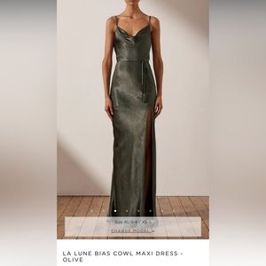 Shona Joy Olive Green Maxi Silk Dress with Slit